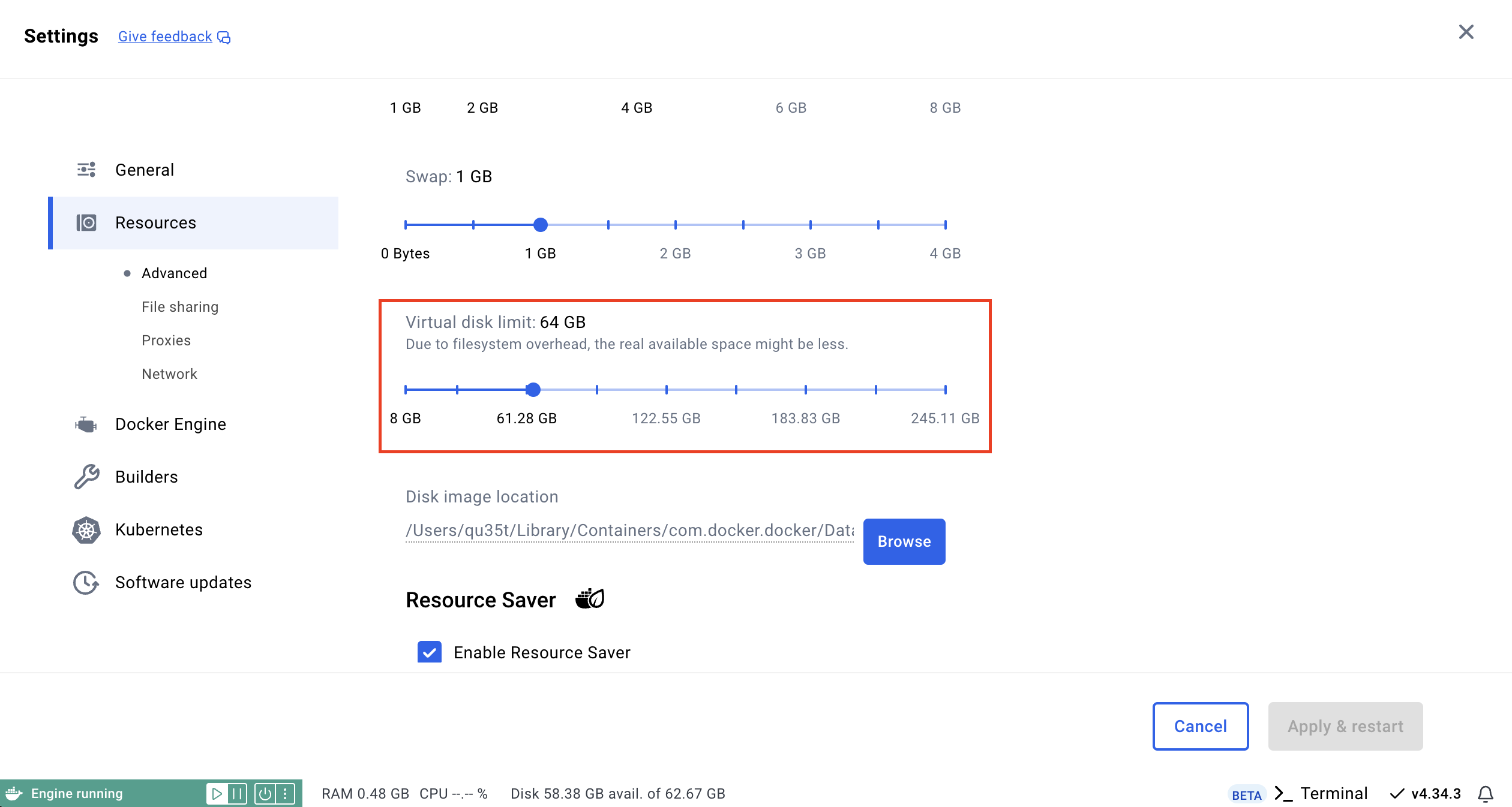 Docker Desktop default disk size