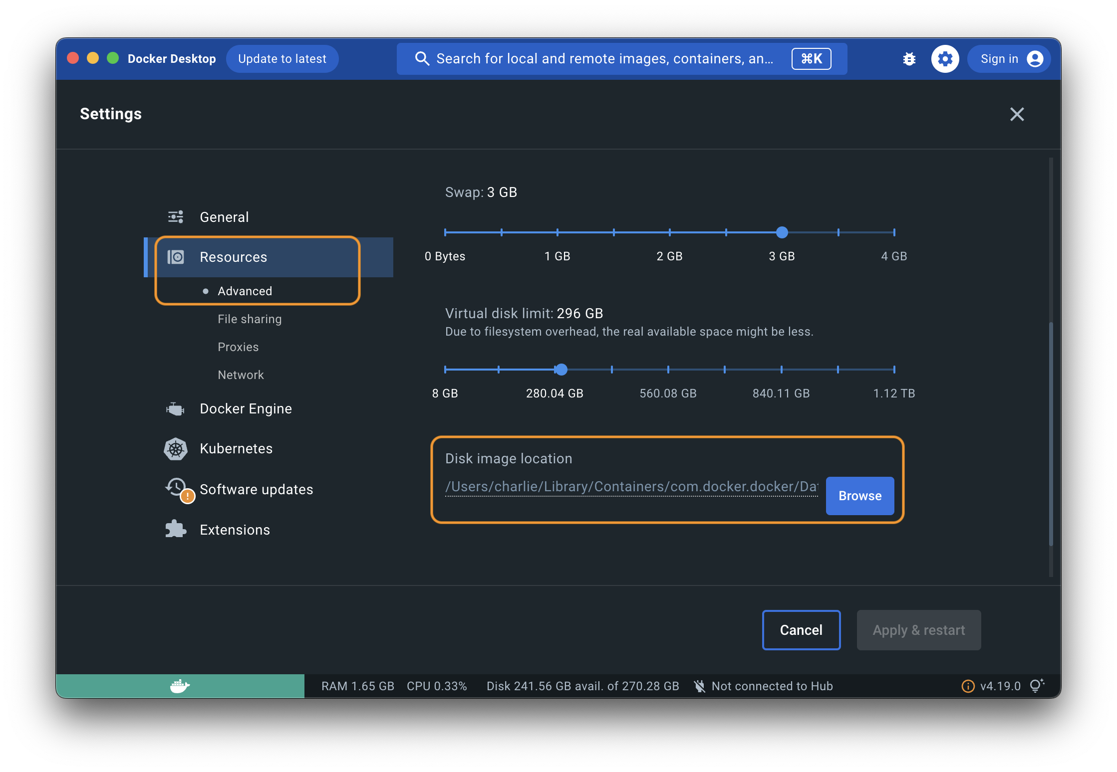 Disk Image Location Setting (Docker Desktop)