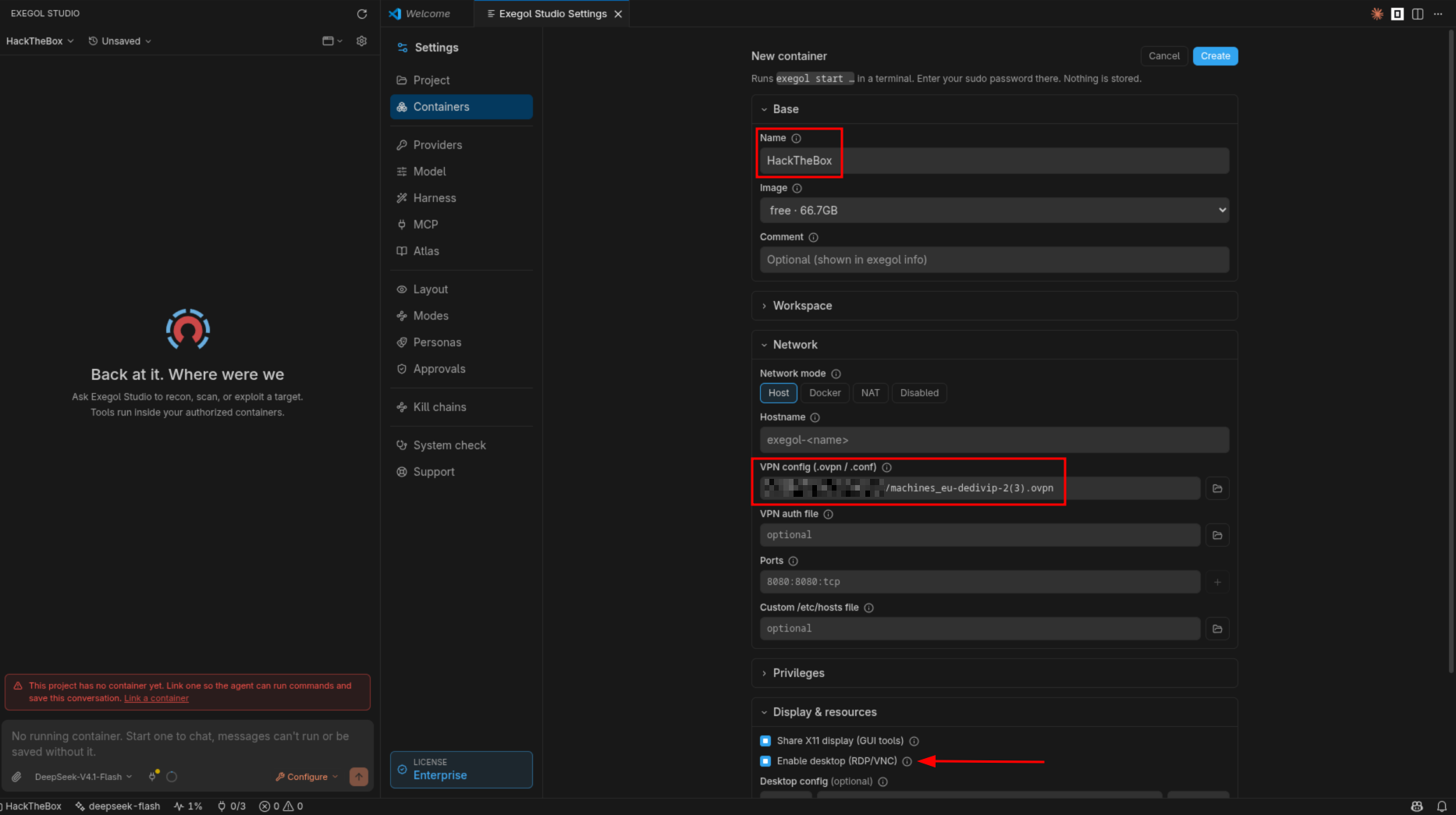 The new-container form with the name, VPN configuration and desktop option highlighted.