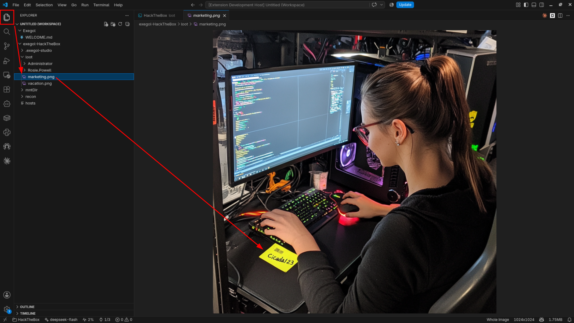 The Explorer showing the container workspace, with marketing.png opened from the loot folder.