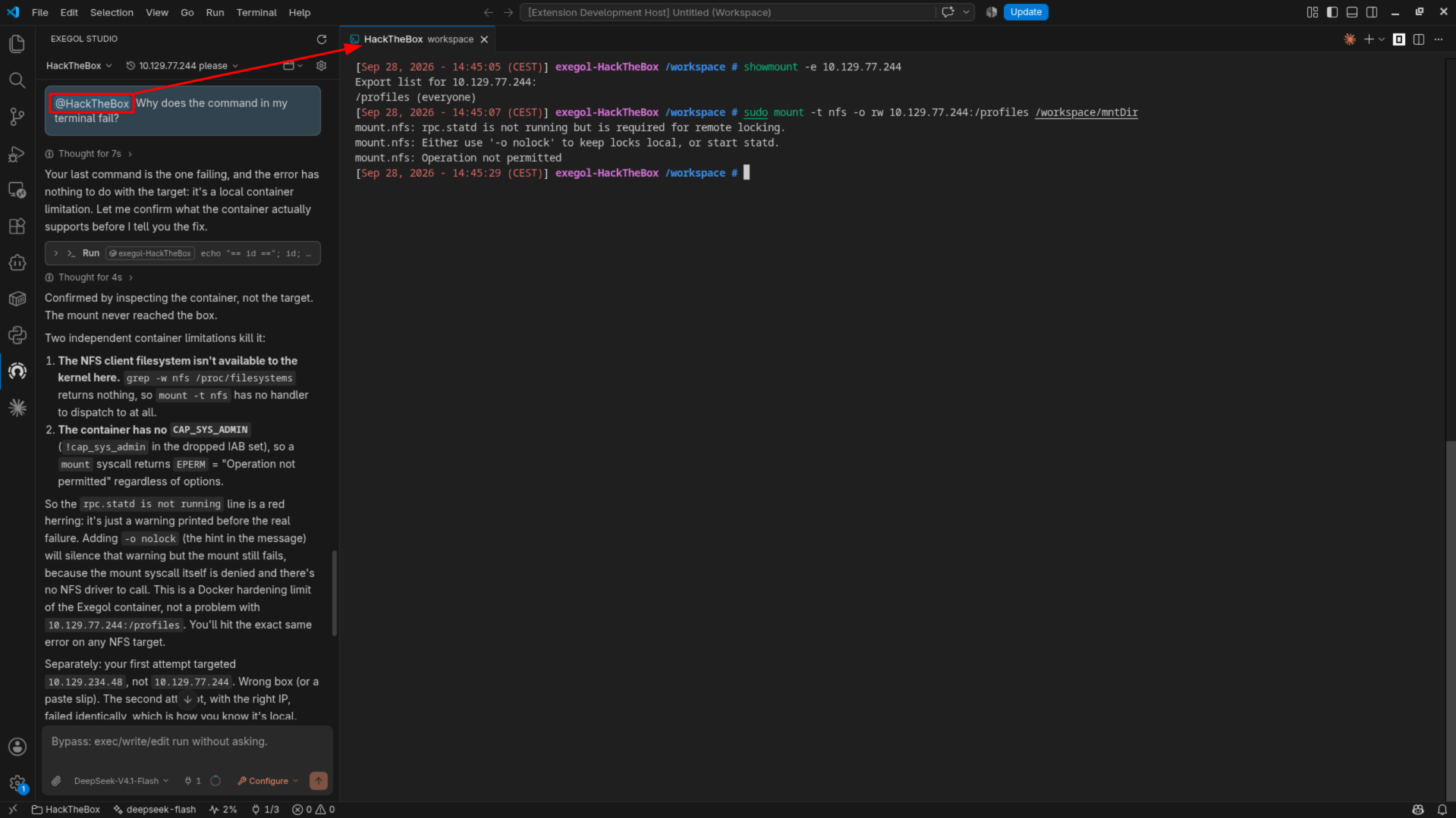 A terminal tab mentioned in chat so the agent can read the mount error.