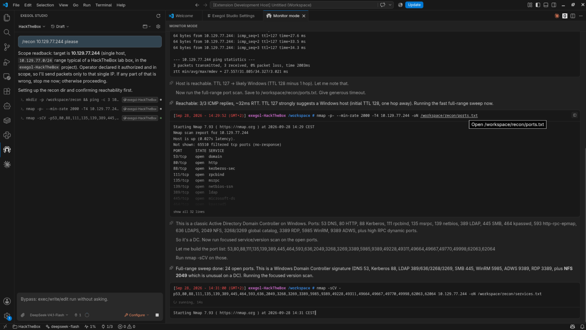Monitor showing the recon commands and their output beside the conversation.
