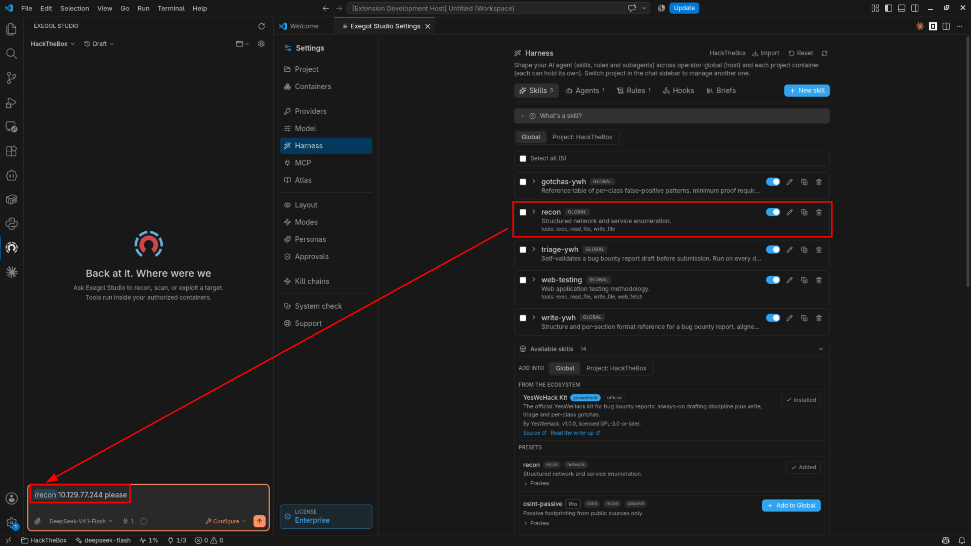 The recon skill enabled in the harness and referenced as a slash command in the composer.