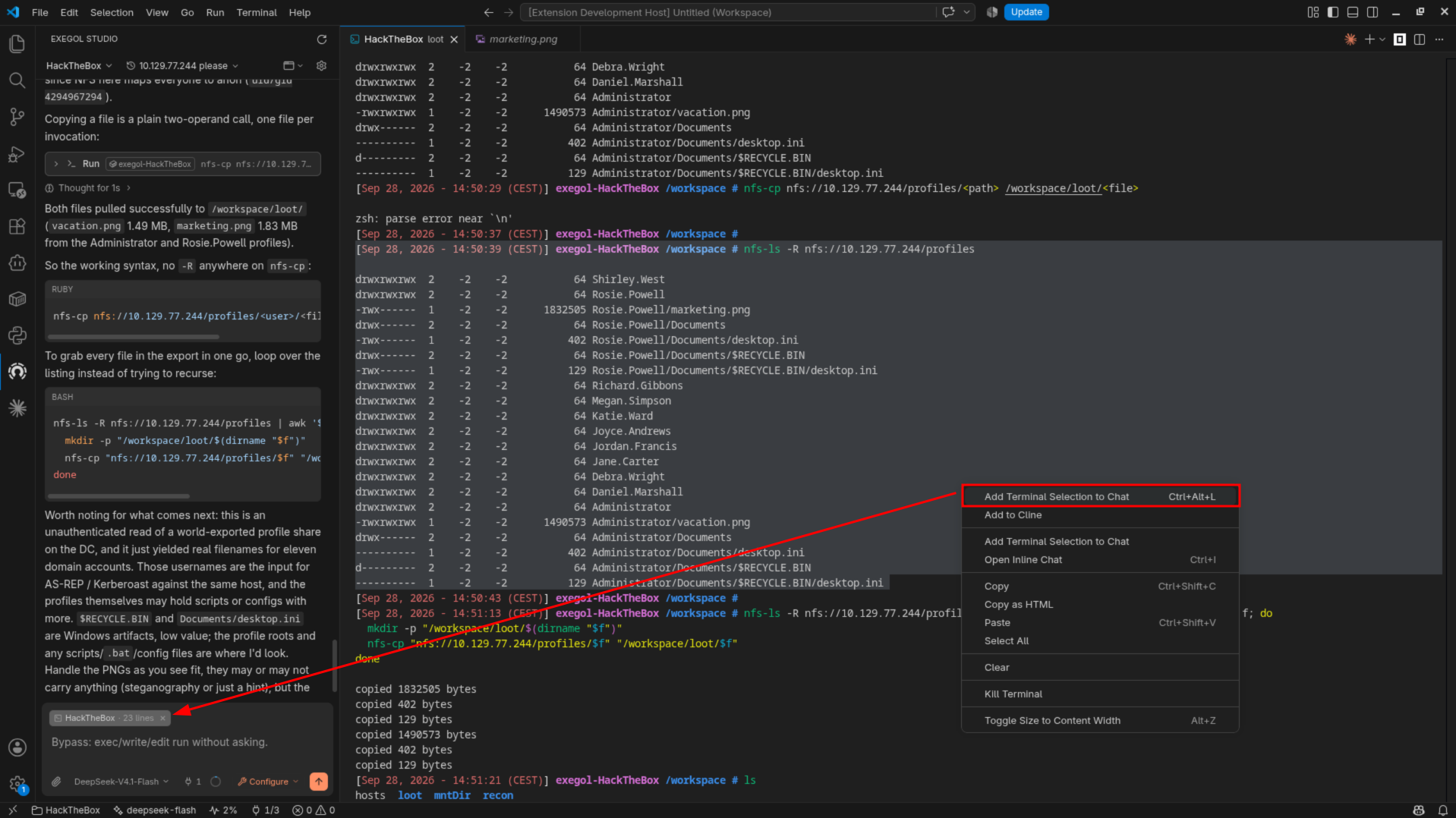 Selected terminal lines added to chat through the context menu, with a context chip visible in the composer.